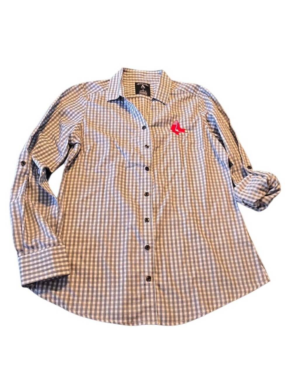 Antigua Gray & White Gingham Button-Down Shirt Red Sox Embroidered Size M C13